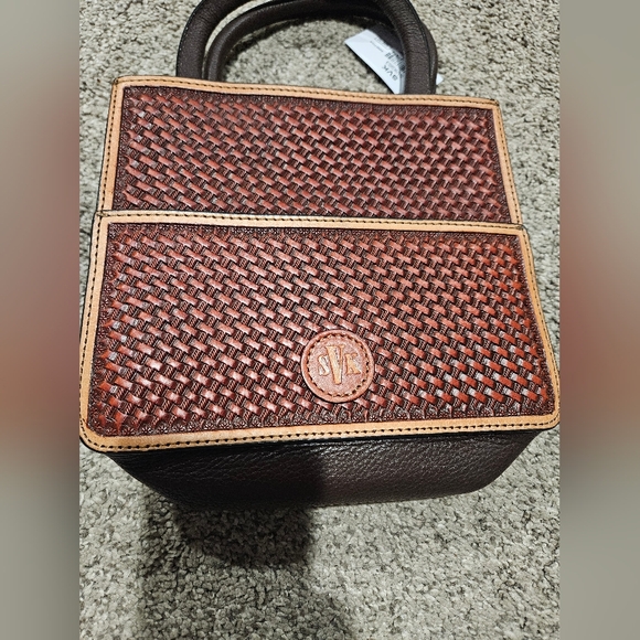 Brown and Tan Hand Tooled Embossed Leather Handbag That Also Has a Cross Body - Picture 3 of 4